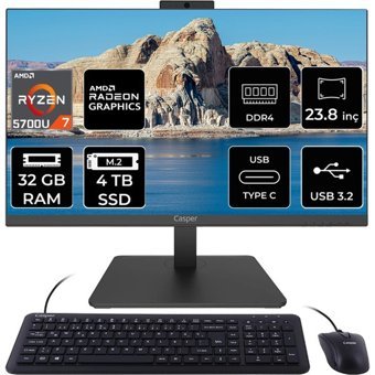 Casper Nirvana A600 A60.5700-BV00X-V C5700AIO330 Dahili Radeon Vega 8 AMD Ryzen 7 5700U 32 GB Ram 4 TB SSD 23.8 inç Full HD Freedos All In One Bilgisayar