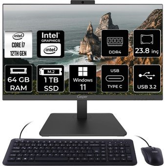 Casper Nirvana A600 A60.1255-DF00X-V C1255AIO398 Dahili Iris Xe Graphics Intel Core i7 1255U 64 GB Ram 1 TB SSD 23.8 inç Full HD Windows 11 Home All In One Bilgisayar