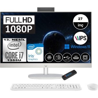 Hp 27-CR0001NT 898B1EAH08 Dahili Iris Xe Graphics Intel Core i7 1355U 64 GB Ram 1 TB SSD 27 inç Full HD Windows 11 Home All In One Bilgisayar + Zetta Flash Bellek