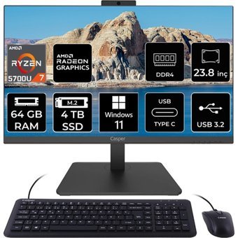 Casper Nirvana A600 A60.5700-BV00X-V C5700AIO400 Dahili Radeon Vega 8 AMD Ryzen 7 5700U 64 GB Ram 4 TB SSD 23.8 inç Full HD Windows 11 Home All In One Bilgisayar