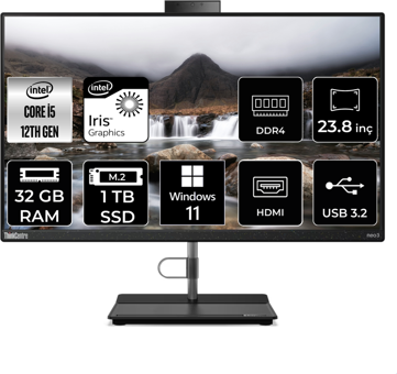 Lenovo ThinkCentre Neo 30A 12B0002CTX Dahili Iris Xe Graphics Intel Core i5 1240P 32 GB Ram 1 TB SSD 23.8 inç Full HD Windows 11 Home All In One Bilgisayar