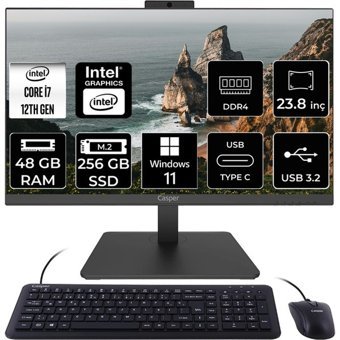 Casper Nirvana A600 A60.1255-DF00X-V C1255AIO391 Dahili Iris Xe Graphics Intel Core i7 1255U 48 GB Ram 256 GB SSD 23.8 inç Full HD Windows 11 Home All In One Bilgisayar