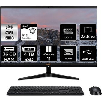 Acer Aspire C24-1700 DQBJWEMP444 Dahili Iris Xe Graphics Intel Core i5 1235U 36 GB Ram 4 TB SSD 23.8 inç Full HD Windows 11 Pro All In One Bilgisayar