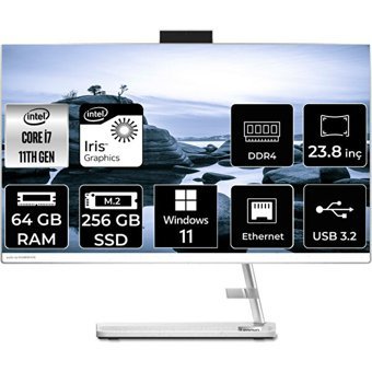 Lenovo IdeaCentre 3 24ITL6 F0G001BGTXP396 Dahili Iris Xe Graphics Intel Core i7 1165G7 64 GB Ram 256 GB SSD 23.8 inç Full HD Windows 11 Home All In One Bilgisayar
