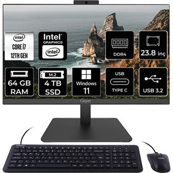 Casper Nirvana A600 A60.1255-DF00X-V C1255AIO400 Dahili Iris Xe Graphics Intel Core i7 1255U 64 GB Ram 4 TB SSD 23.8 inç Full HD Windows 11 Home All In One Bilgisayar