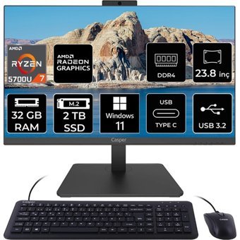 Casper Nirvana A600 A60.5700-BV00X-V C5700AIO429 Dahili Radeon Vega 8 AMD Ryzen 7 5700U 32 GB Ram 2 TB SSD 23.8 inç Full HD Windows 11 Pro All In One Bilgisayar