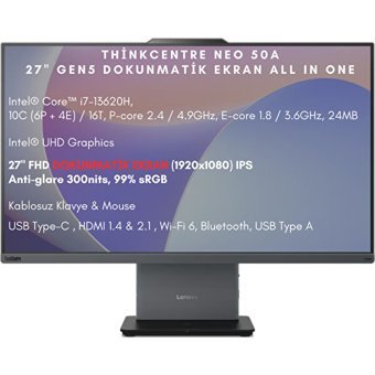 Lenovo ThinkCentre Neo 50A 27 Gen 5 12SA0013TR WO4 Dahili UHD Graphics Intel Core i7 13620H 16 GB Ram 256 GB SSD 27 inç Full HD Windows 11 Pro Dokunmatik All In One Bilgisayar