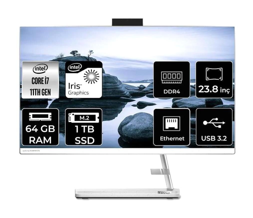 Lenovo IdeaCentre 24ITL6 F0G001BGTX Dahili Iris Xe Graphics Intel Core i7 1165G7 64 GB Ram 1 TB SSD 23.8 inç Full HD Freedos All In One Bilgisayar