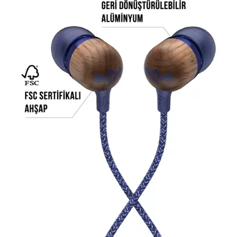 Marley Em-Je041 Silikonlu Mikrofonlu Örgülü 3.5 Mm Jak Kablolu Kulaklık Mavi