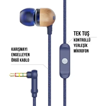 Marley Em-Je041 Silikonlu Mikrofonlu Örgülü 3.5 Mm Jak Kablolu Kulaklık Mavi