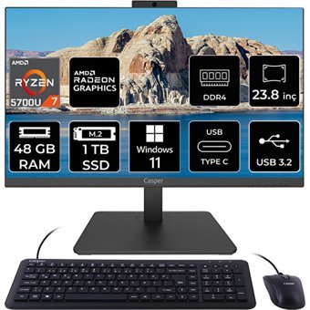 Casper Nirvana A600 A60.5700-BV00X-V C5700AIO443 Dahili Radeon Vega 8 AMD Ryzen 7 5700U 48 GB Ram 1 TB SSD 23.8 inç Full HD Windows 11 Pro All In One Bilgisayar