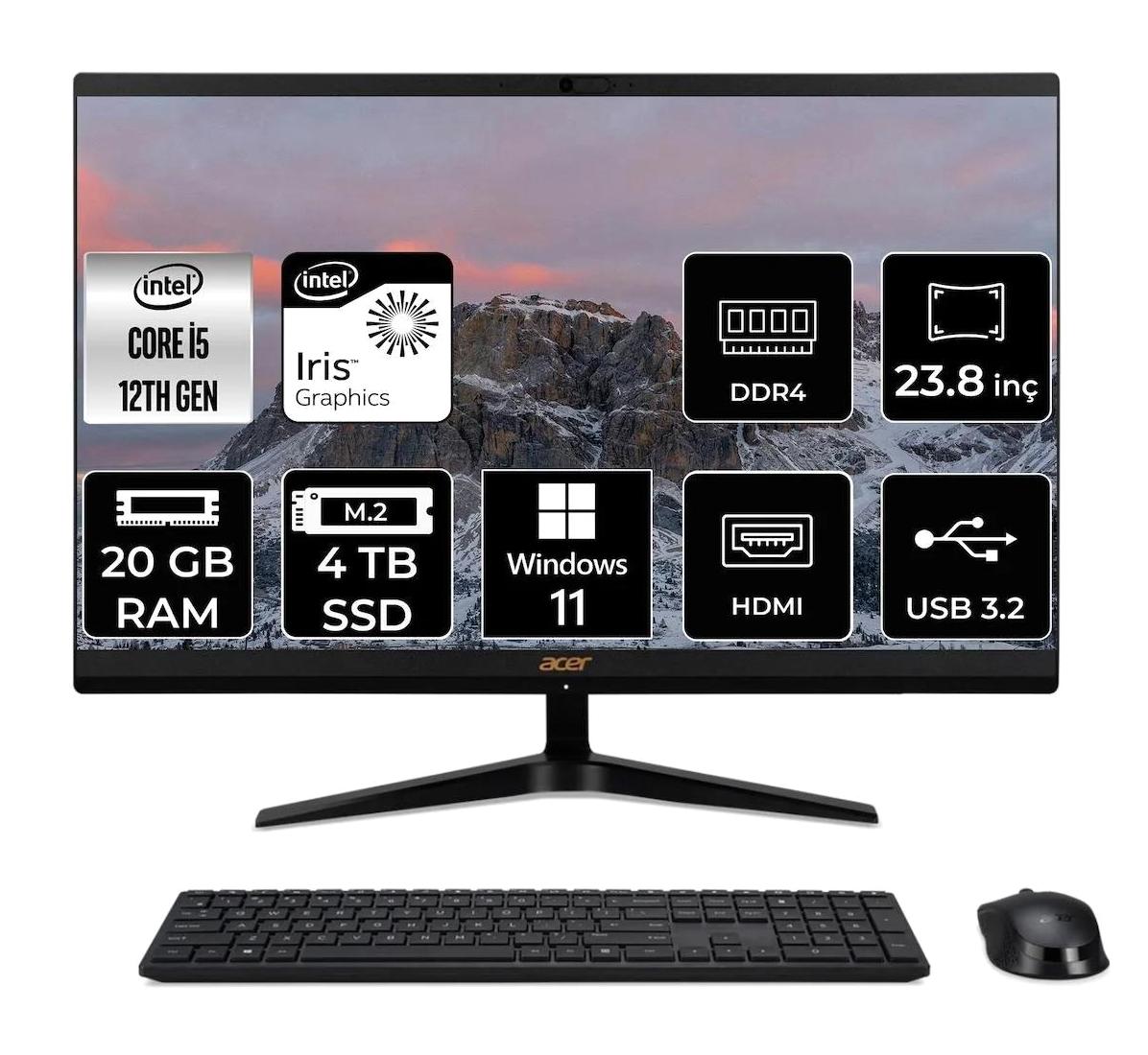 Acer Aspire C24-1700 DQ.BJWEM.006 Dahili Iris Xe Graphics Intel Core i5 1235U 20 GB Ram 4 TB SSD 23.8 inç Full HD Windows 11 Pro All In One Bilgisayar