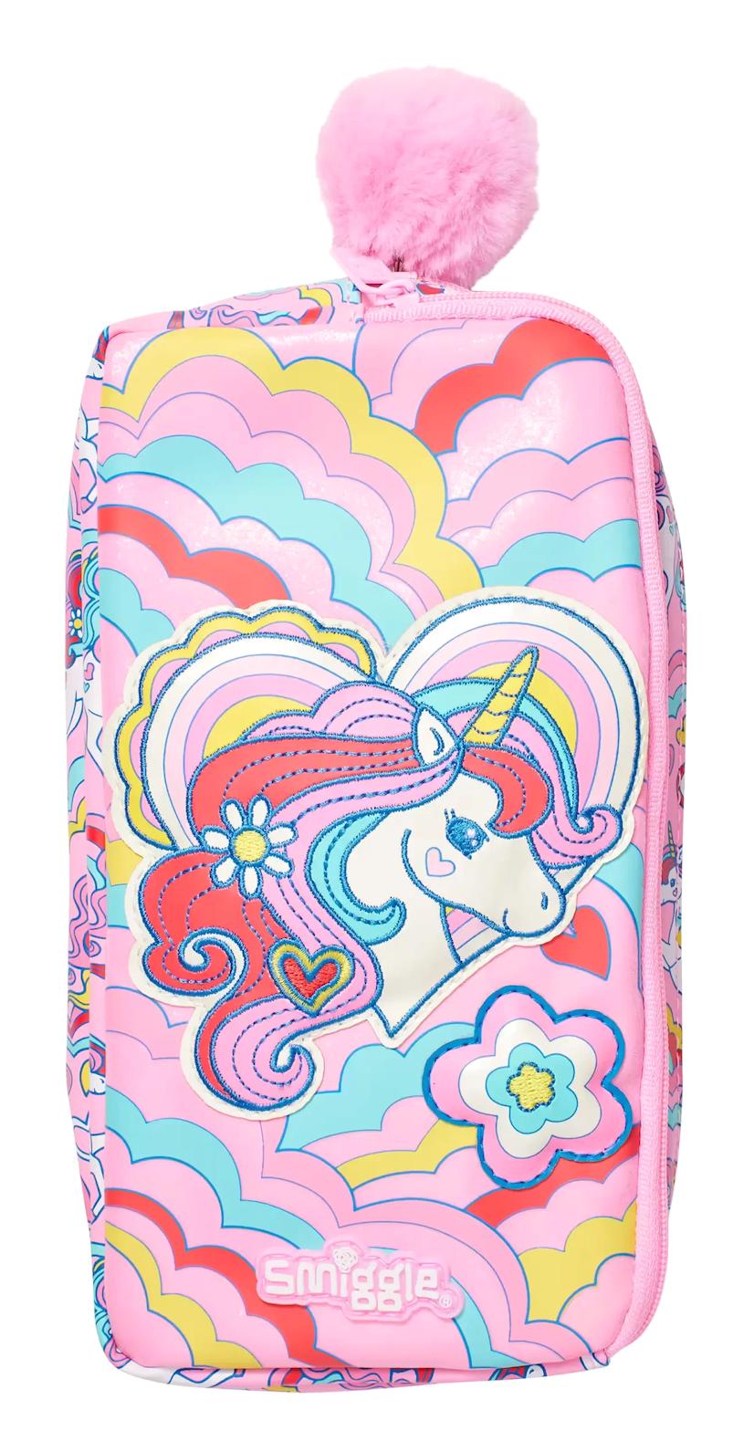 Smiggle Wild Side Unicorn Pembe Baskılı Bez Bölmeli Çift Gözlü Dikdörtgen Cüzdan Kalem Kutusu