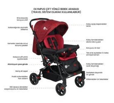 4 Baby Olympus AB-361 Çift Yönlü Katlanabilir Tek Elle Kapanan 360 Derece Dönen Tam Yatar Puset Bebek Arabası Kırmızı