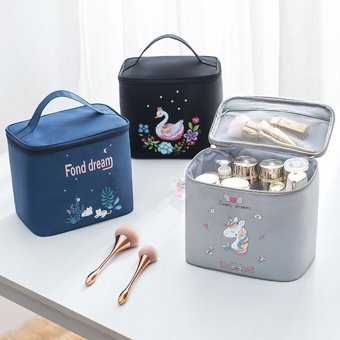 Muchen Kahverengi Unicorn Desenli Polyester Büyük Boy Seyahat Makyaj Çantası