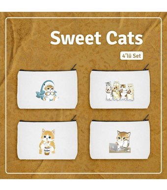 Daystore Sweet Cats Bej Kedi Baskılı Pamuk Orta Boy Seyahat Makyaj Çantası