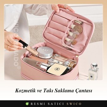 Swico Remado Bölmeli Katlı Pembe Pu Deri Büyük Boy Çok Gözlü Seyahat Makyaj Çantası