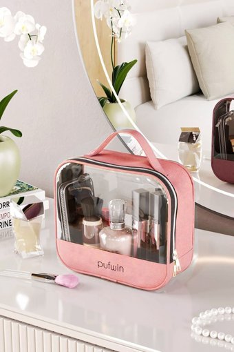 Enywell Home Pembe Şeffaf Pvc Büyük Boy Seyahat Makyaj Çantası