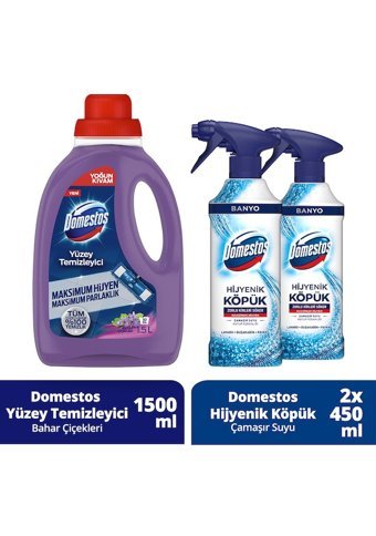 Domestos Bahar Çiçekleri Kokulu Yüzey Temizleyici 1.5 lt + Domestos Hijyenik Köpük Çamaşır Suyu 2x450 ml