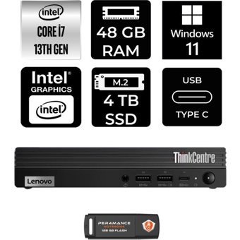 Lenovo ThinkCentre M70Q Gen 4 12E30015TRP445 Dahili Intel UHD Graphics 770 Intel Core i7 13700T 48 GB 4 TB Windows 11 Pro Mini Pc + Per4 USB Flash Bellek