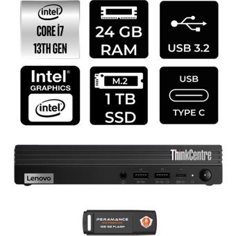 Lenovo ThinkCentre M70Q Gen 4 12E30015TRP323 Dahili Intel UHD Graphics 770 Intel Core i7 13700T 24 GB 1 TB FreeDos Mini Pc + Per4 USB Flash Bellek