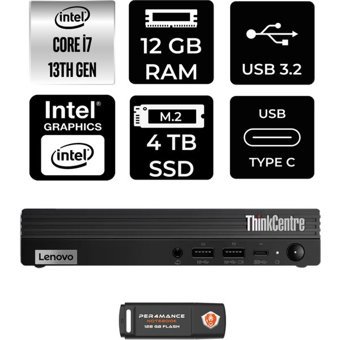 Lenovo ThinkCentre M70Q Gen 4 12E30015TRP310 Dahili Intel UHD Graphics 770 Intel Core i7 13700T 12 GB 4 TB FreeDos Mini Pc + Per4 USB Flash Bellek