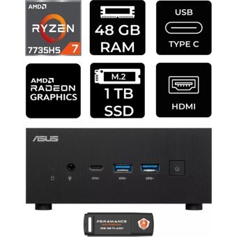 Asus ExpertCenter PN53-P343 Dahili Radeon 680M AMD Ryzen 7 7735HS 48 GB 1 TB FreeDos Mini Pc + Per4 USB Flash Bellek