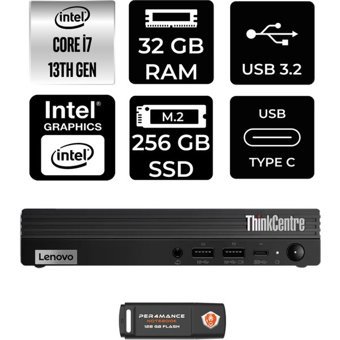 Lenovo ThinkCentre M70Q Gen 4 12E30015TRP326 Dahili Intel UHD Graphics 770 Intel Core i7 13700T 32 GB 256 GB FreeDos Mini Pc + Per4 USB Flash Bellek