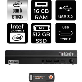 Lenovo ThinkCentre M70Q Gen 4 12E30015TRP312 Dahili Intel UHD Graphics 770 Intel Core i7 13700T 16 GB 512 GB FreeDos Mini Pc + Per4 USB Flash Bellek