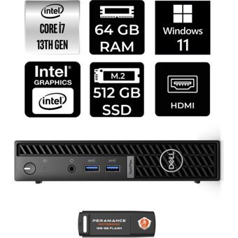 Dell Optiplex 7010MFF N018O7010MFFP397 Dahili Intel UHD Graphics 770 Intel Core i7 13700T 64 GB 512 GB Windows 11 Home Mini Pc + Per4 USB Flash Bellek