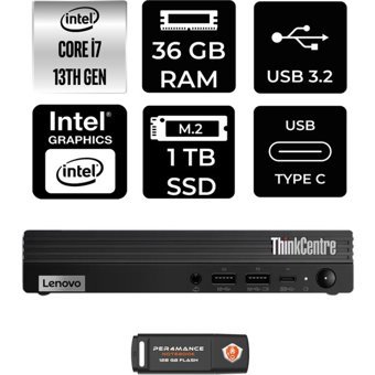 Lenovo ThinkCentre M70Q Gen 4 12E30015TRP333 Dahili Intel UHD Graphics 770 Intel Core i7 13700T 36 GB 1 TB FreeDos Mini Pc + Per4 USB Flash Bellek