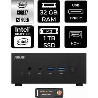 Asus ExpertCenter PN64-P1328 Dahili Intel Iris Xe Graphics Intel Core i7 12700H 32 GB 1 TB FreeDos Mini Pc + Per4 USB Flash Bellek