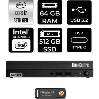 Lenovo ThinkCentre M70Q Gen 4 12E30015TRP347 Dahili Intel UHD Graphics 770 Intel Core i7 13700T 64 GB 512 GB FreeDos Mini Pc + Per4 USB Flash Bellek