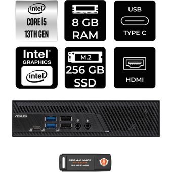 Asus PB63 PB63P301 Dahili Intel UHD Graphics 730 Intel Core i5 13400 8 GB 256 GB FreeDos Mini Pc + Per4 USB Flash Bellek