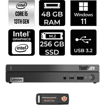Lenovo ThinkCentre 50Q Gen 4 12LN0048TRP391 Dahili Intel UHD Graphics Intel Core i5 13420H 48 GB 256 GB Windows 11 Home Mini Pc + Per4 USB Flash Bellek