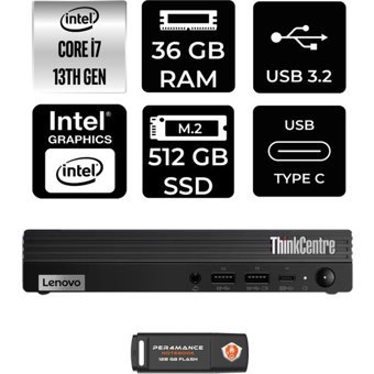 Lenovo ThinkCentre M70Q Gen 4 12E30015TRP332 Dahili Intel UHD Graphics 770 Intel Core i7 13700T 36 GB 512 GB FreeDos Mini Pc + Per4 USB Flash Bellek