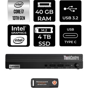 Lenovo ThinkCentre M70Q Gen 4 12E30015TRP340 Dahili Intel UHD Graphics 770 Intel Core i7 13700T 40 GB 4 TB FreeDos Mini Pc + Per4 USB Flash Bellek