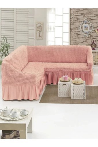 Uytm Polyester Bürümcük-Likralı Drapeli Süngerli Çizgili Giydirmeli Pembe Tekli Koltuk Örtüsü 180x350 cm
