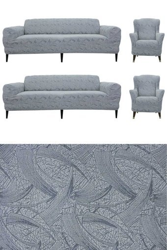 Tuchmall Polyester Likralı Jakarlı Süngerli Kamuflaj Desenli Giydirmeli Gri Dörtlü Koltuk Örtüsü 180x230 cm