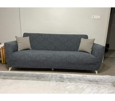 Uyumev Pamuklu - Polyester Likralı Jakarlı Süngerli Çiçek Desenli Giydirmeli Antrasit Tekli Koltuk Örtüsü 180x230 cm