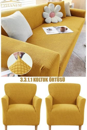 Uzhanem Pamuklu - Polyester Bürümcük-Likralı Süngerli Armürlü Giydirmeli Sarı Dörtlü Koltuk Örtüsü 180x230 cm