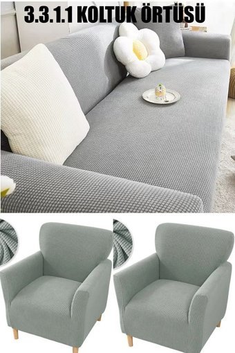 İntil Pamuklu - Polyester Likralı Süngersiz Düz Giydirmeli Gri 3-3-1-1 Koltuk Örtüsü 180x230 cm