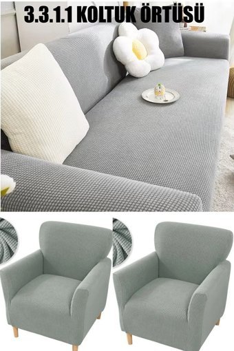 İntil Pamuklu - Polyester Likralı Süngersiz Düz Giydirmeli Gri 3-3-1-1 Koltuk Örtüsü 180x230 cm