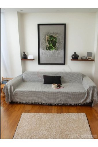 Xamantha Pamuklu Polar Saçaklı Süngersiz Geometrik Desenli Gri Tekli Koltuk Örtüsü 170x301 cm