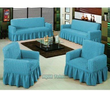 Elgeyar Pamuklu - Polyester Bürümcük Jakarlı Süngersiz Armürlü Giydirmeli Turkuaz Sekizli Koltuk Örtüsü 183x230 cm