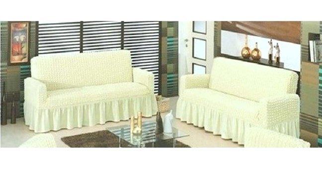 Altın Kelebek Polyester Bürümcük Fırfırlı Süngersiz Giydirmeli Lastikli Bej İkili Koltuk Örtüsü 180x230 cm