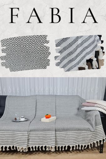 Fabia Home Pamuklu Örgü Püsküllü Süngersiz Armürlü Beyaz-Gri Tekli Koltuk Örtüsü 170x210 cm