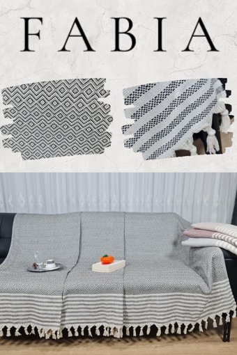 Fabia Home Pamuklu Örgü Püsküllü Süngersiz Armürlü Beyaz-Gri Tekli Koltuk Örtüsü 170x210 cm