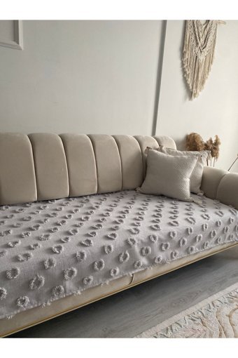 Hs Şönil Ponponlu Süngersiz Puantiyeli Gri Tekli Koltuk Örtüsü 80x230 cm
