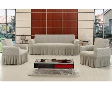 Altınkoza Pamuklu Fırfırlı Süngersiz Giydirmeli Lastikli Bej Dörtlü Koltuk Örtüsü 180x230 cm